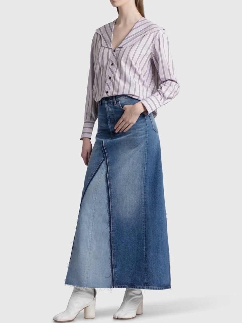 GANNI V Neck Stripe OverSized Cotton Poplin Purple Shirt